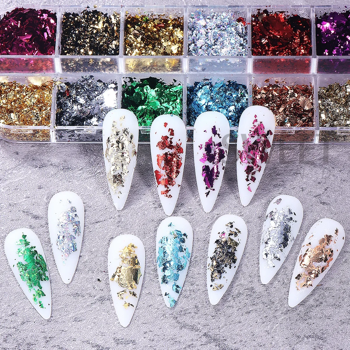 12 Grids Double Color Gold Foils Gorgeous Nail Glitter Sparkles Irregular Random Aluminum Flake Paillette Chip Design Decoration