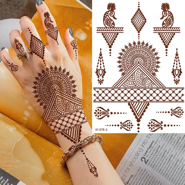 Fake Henna Temporary Tattoo Sticker Lace Floral Mandala Indian Bride  Wedding Brown Hand Sleeve Finger Tattoos Paste Waterproof - AliExpress