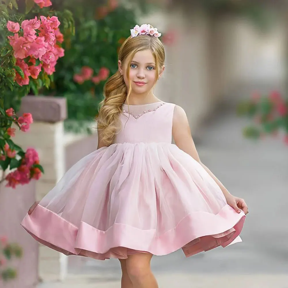 

Jill Wish Elegant Pink Girl Dress Crystal Bow Sleeveless Dubai Baby Kids Wedding Birthday Communion Party Gowns Pageant J328