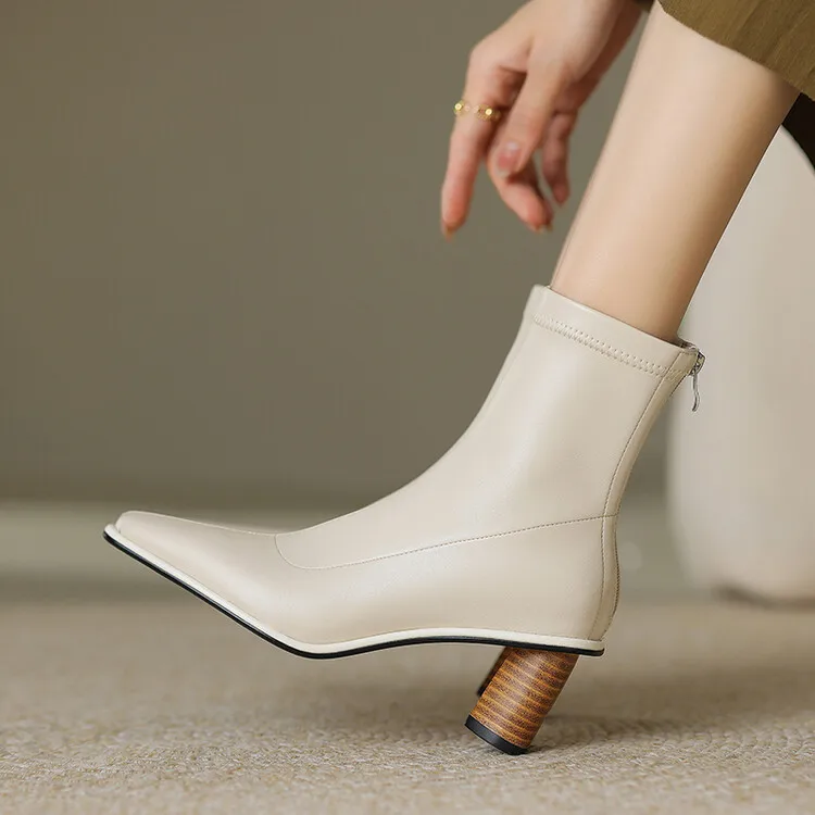 

2023Autumn Women Ankle Boots Beige Leather Short Botas Back Zipper High Heels Formal Dress Pumps Black Winter Botines Femmes