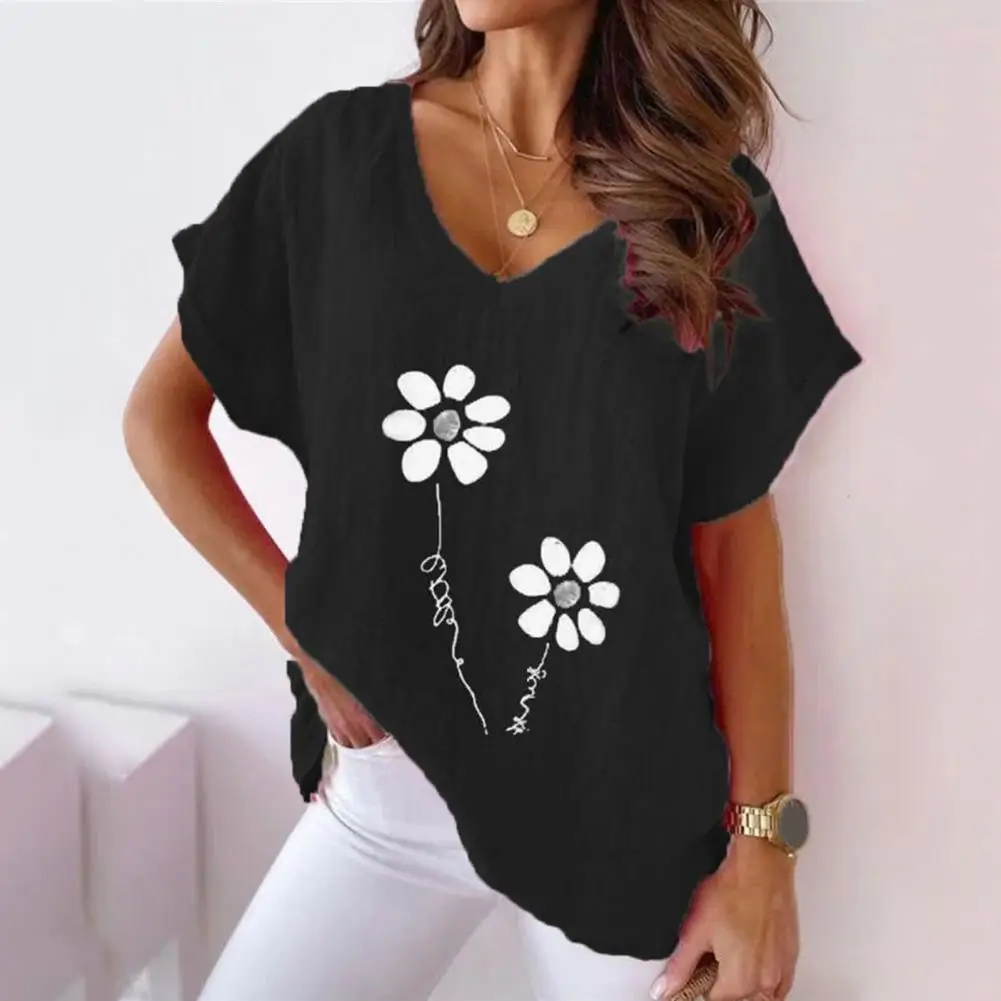 

Women Summer T-shirt Floral V Neck Summer Tee Soft Breathable Casual Mid-length Women's Top Women Daily T-shirt