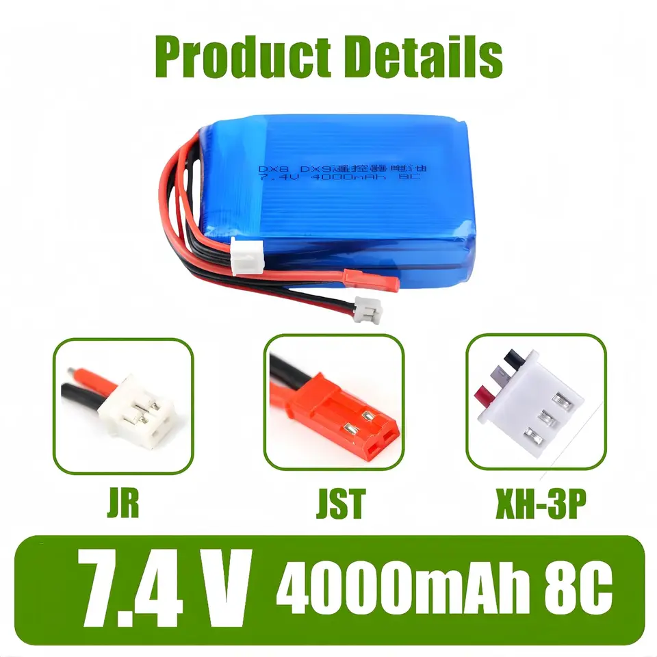High-Capacity 4000mAh Lipo Battery For Spektrum DX9 DX8 DX7 DX6E Transmitters - 2S 7.4V With JR Plug