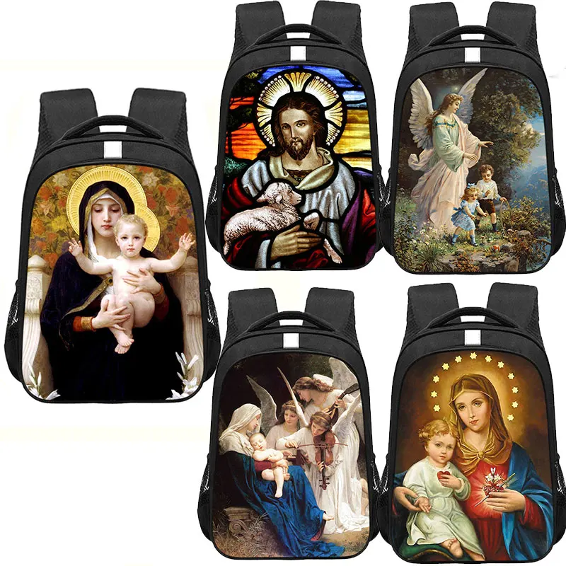 

Oil Painting Jesus Angel Watching Over Kids Backpack Women Travel Bag Virgin Mary Baby Schoolbags High-capacity Computer package
