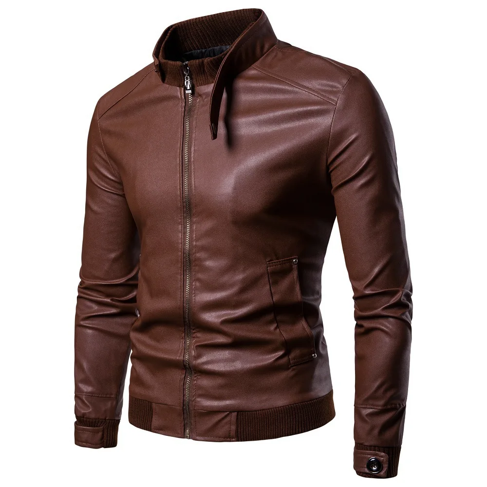 Men's PU Leather Outdoor Jacket Brown Brand New Stand Collar Motorcycle Jacket Male Korean Faux Leather Coat with Zipper M-3Xl