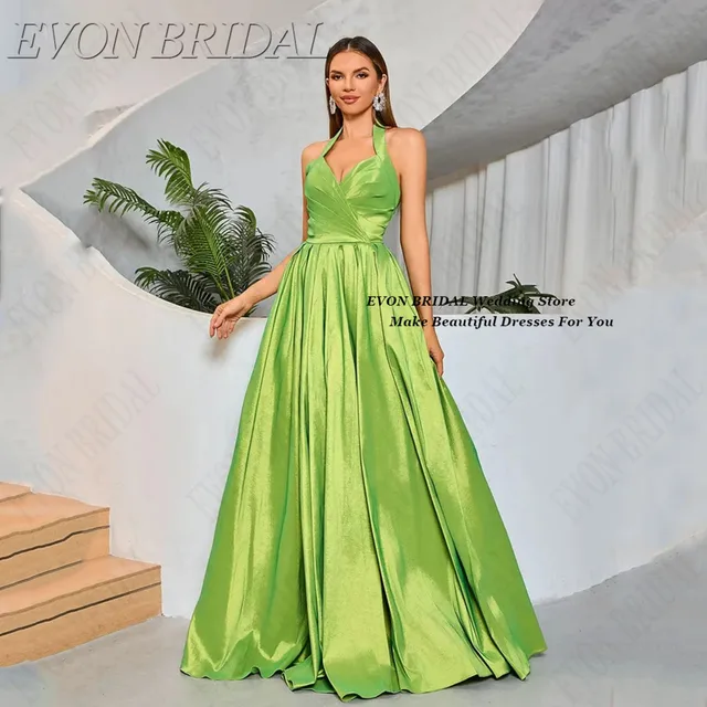Apple Green Halter Evening Dresses Customized Leg Slit Simple Long Prom Gowns Formal Satin Women Party Event Wedding EVON BRIDAL 1