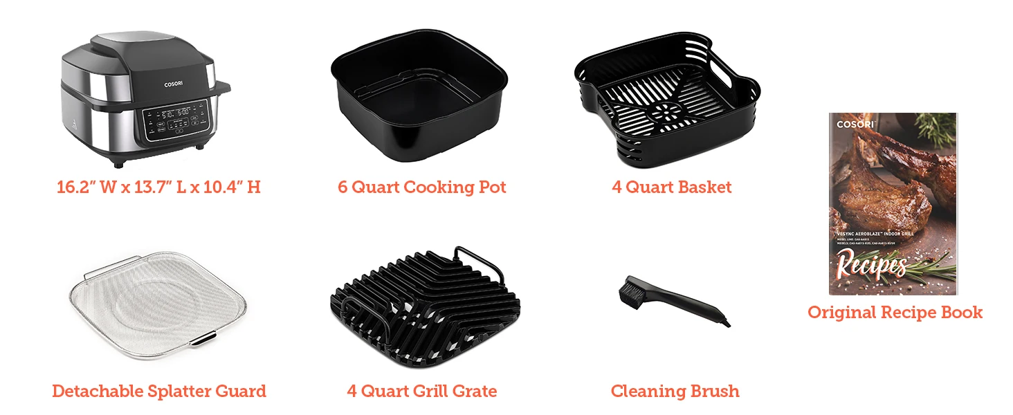 It includes a 6 quart cooking pot, 4 quart basket, 4 quart grill grate, spazzola per la pulizia, and recipes.