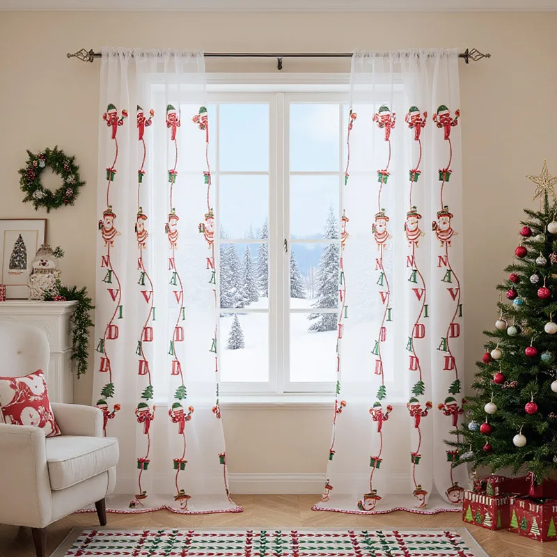 Rideau transparent brodé Père Noël pour salon, décoration de Noël pour la maison, 130x214cm 1 Rideau transparent brodé Père Noël pour salon, décoration de Noël pour la maison, 130x214cm 1