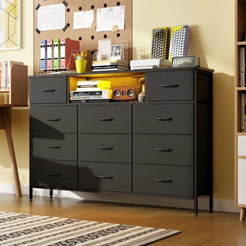 Long Dresser for Bedroom with Charging Station and LED Lights, Black Dresser TV Stand with