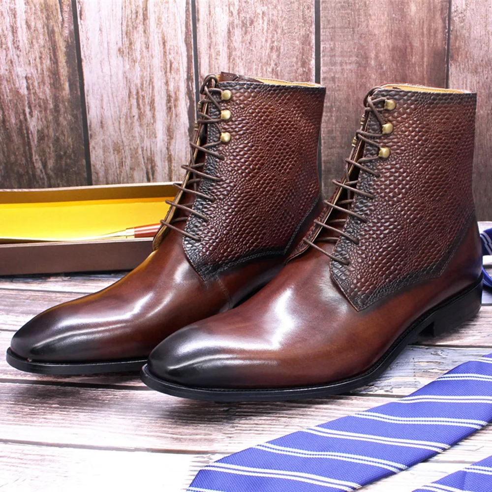 

Luxury Men's Genuine Leather Ankle Boots Fashion Pointed Toe Lace Up Snake Print Party Office Street Formal Martin Boots for Men