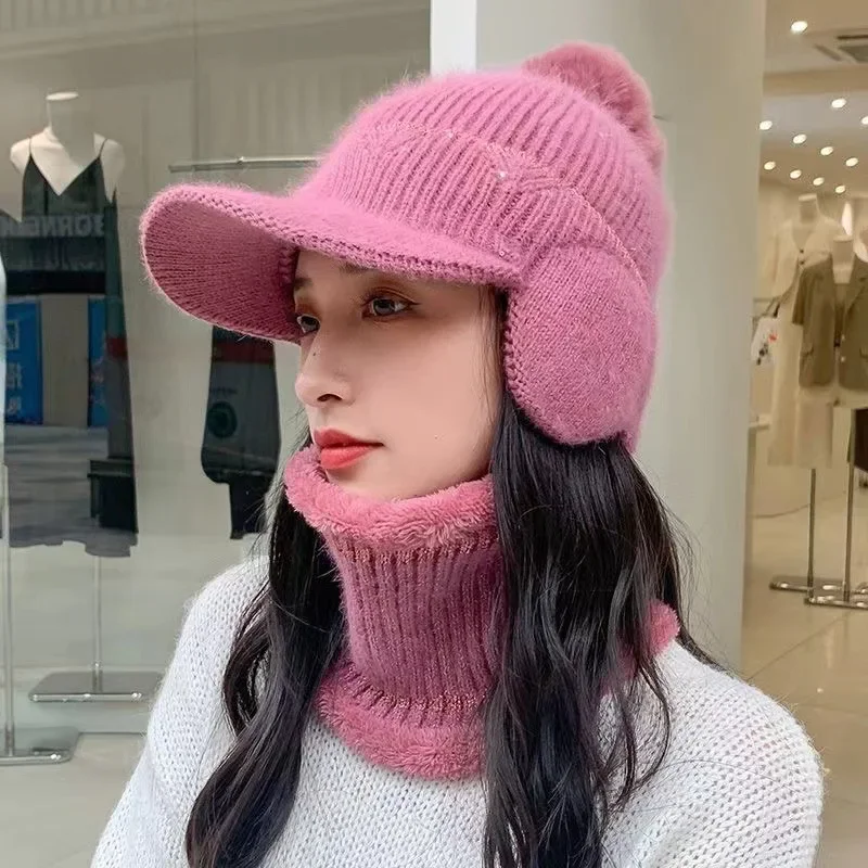 Women Winter Earflaps Wool Knit Hat Solid Color Big Pompom Plush Warm Baseball Cap Ladies Girl Sport Riding Ear Warmer Bonnet