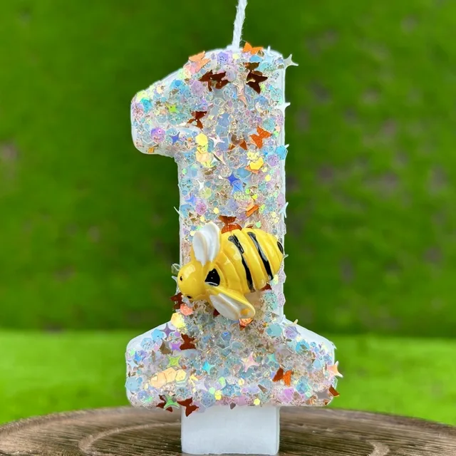 Candela Numero 1 Con Fiore E Ape Per Torte - Decorazione Glitterata Per Primo Compleanno - Foto 2