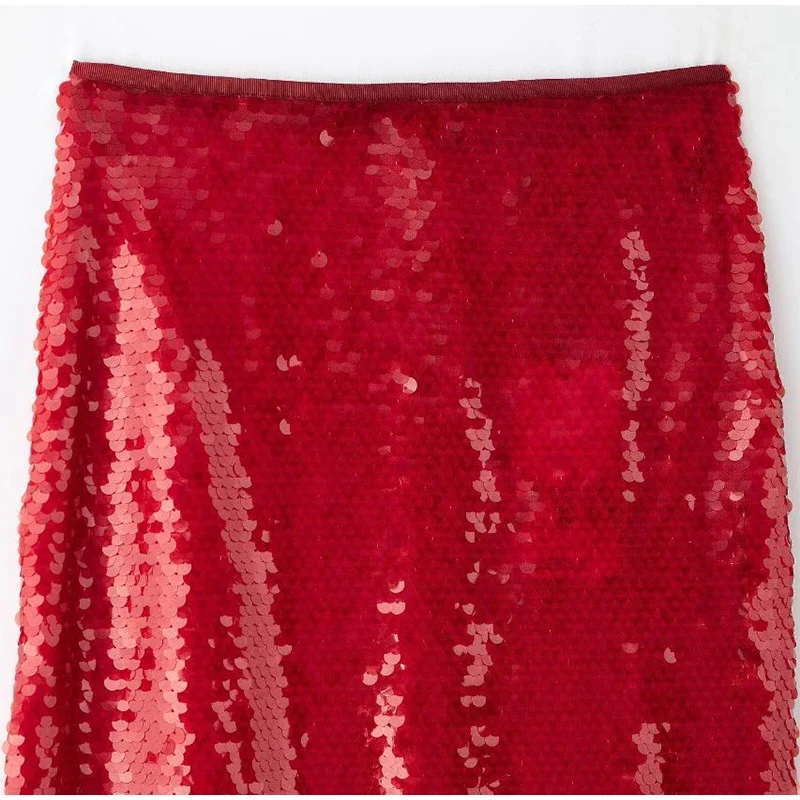 Sequins Red Christmas Sequin Skirts For Women Shiny Split Loose High Waist Straight Skirt 2025 Spring Party Y2K Streetwear New