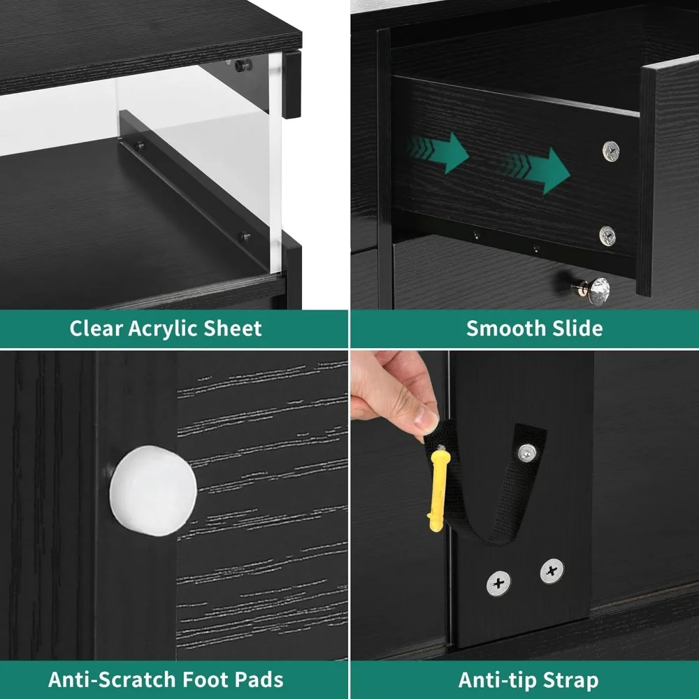6 Drawer Dressers with LED Lights & Charging Station, Modern Chest of Drawers, Double Storage Dresser for Living Room