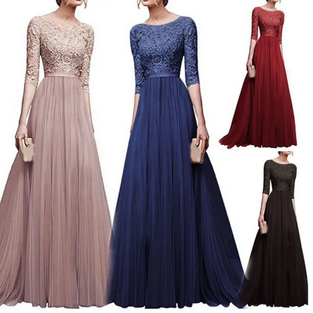 Women Maxi Dress Elegant Lace Flower Embroidered Maxi Evening Dress for  Women Round Neck Half Sleeve Tight Waist Floor Length - AliExpress 200000345