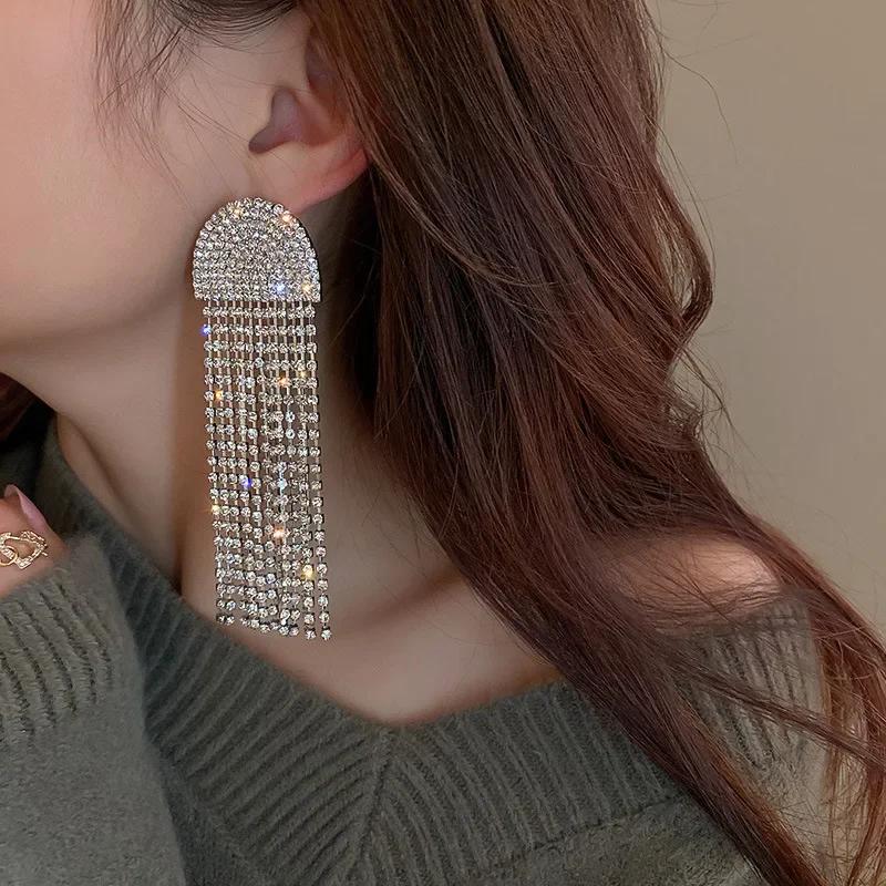 Fashion Statement Long Full Rhinestone Big Crystal Tassel Earrings For Women Euorpe Evening Party crystal earrings long earrings crystal tassel earrings