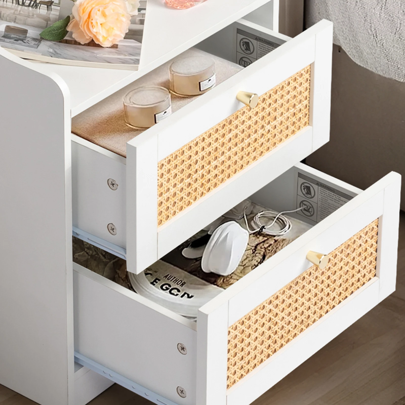 White Particleboard With Triamine Matt Gold Tapered Handle 45*35*63cm Rattan Two Drawers With Compartments Bedside Table