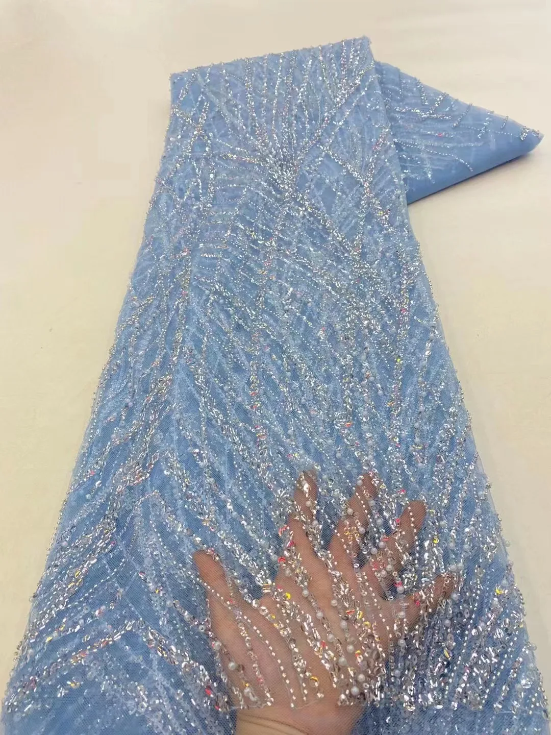 

Latest African Laces 2023 Sky Blue High Quality Beaded Mesh Fabric Fashionable Tulle Embroidery French Net Lace With Sequins