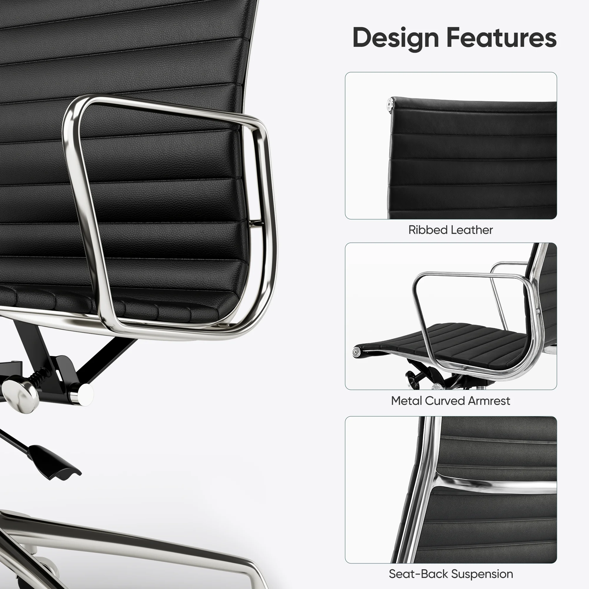 High Back Ribbed Genuine Leather Office Chair Adjustable Ergonomic Computer Chair with Aluminium Alloy Frame  Swivel Chair 4