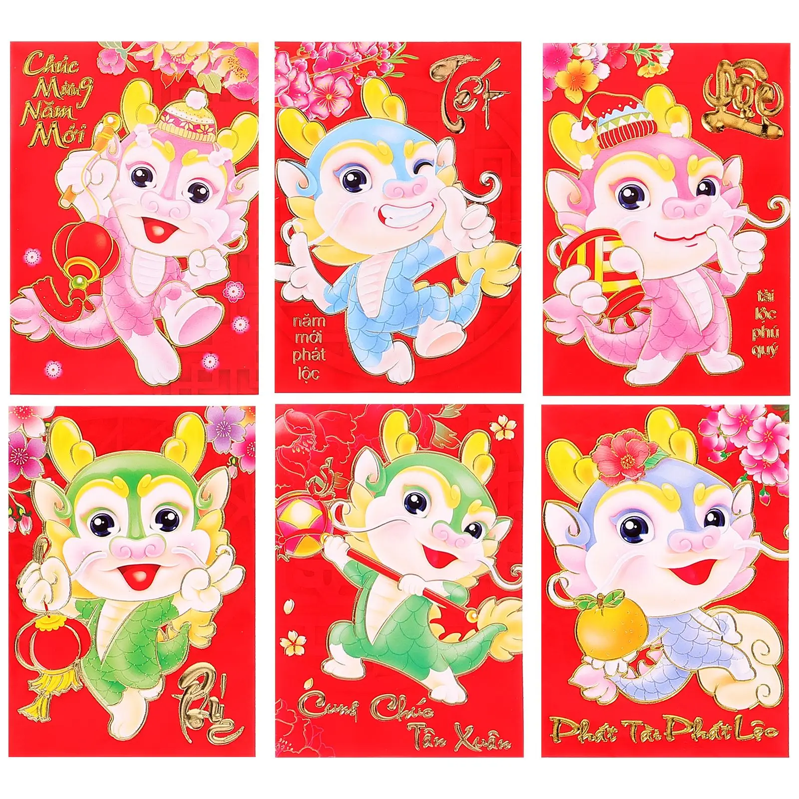 

6Pcs Spring Festival Red Envelopes The Year of Dragon Luck Money Envelopes Lucky Money Bless Pocket Chinese New Year Decorations