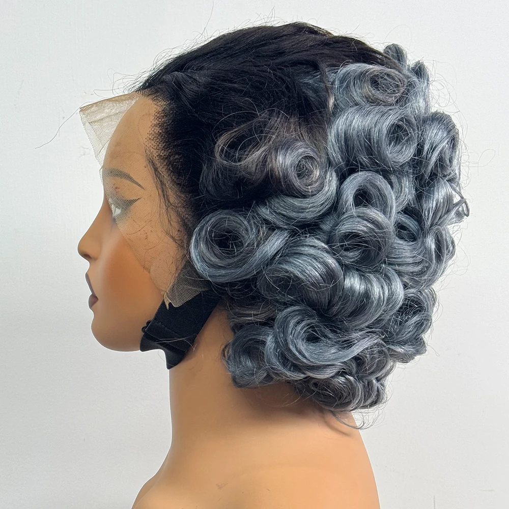 13x4 Transparent Lace Frontal Wigs Loose Bouncy Curly Human Hair Wig 250% Density Gray Short Wave Curly Wigs for Black Women