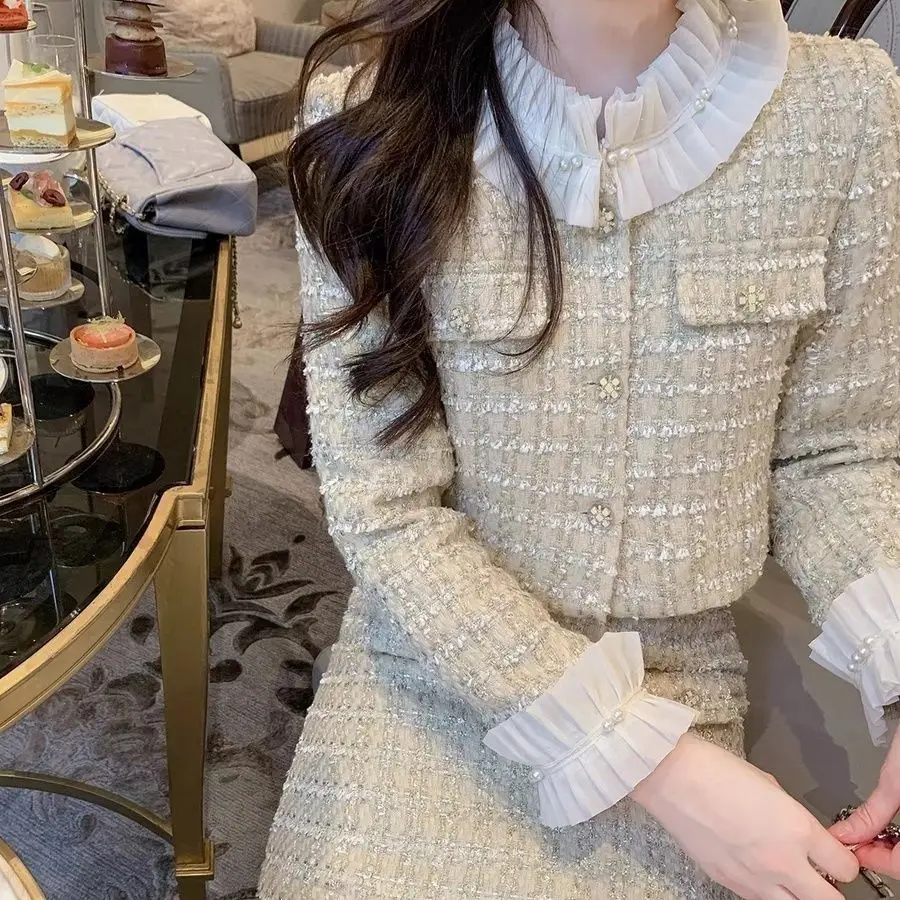 

UNXX 2023 Luxury New Elegant Lady Suit Fragrance Style Top Coarse Tweed Two-Piece Set Coat Fashion New Year Outfit Hot Sale New