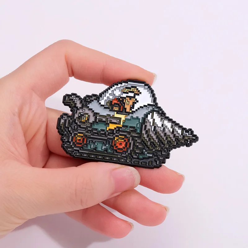 Cartoon Game Series Enamel Brooch Pins Shield Pixel Mask Shooting Sword Wave Electric Drill Elf Anime Badge Jewelry Friend Gift