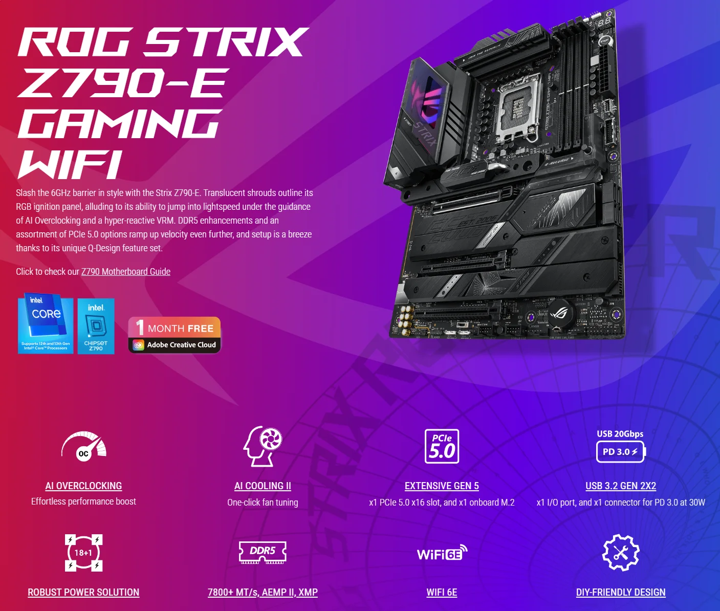 ASUS ROG Strix Z790-E Gaming WiFi 6E LGA 1700(Intel 14th &12th&13th Gen)ATX  gaming motherboard(PCIe 5.0, DDR5,18+1 ower stages,2.5 Gb LAN, Bluetooth  v5.2,Thunderbolt 4,support up to 5xM.2,1xPCIe 5.0 