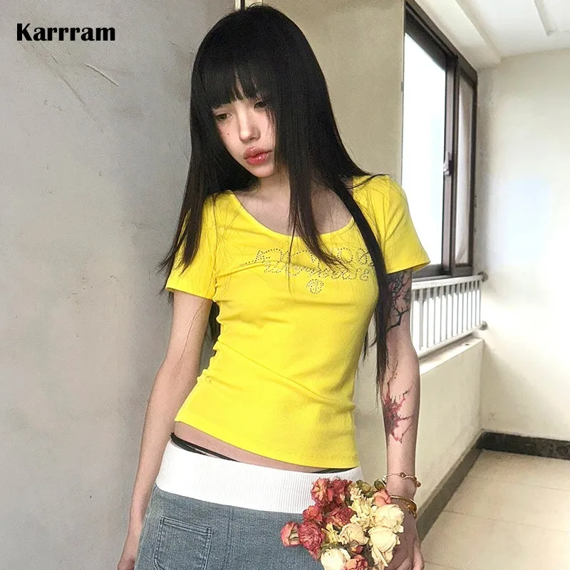 Karrram japanische y2k Strass T-Shirt Vintage Harajuku Diamant Brief druck T-Shirts trashy 1920er Jahre Ästhetik gelbe Ernte Top
