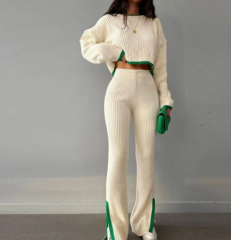 Women's Pants 2023 New Autumn Casual Loose Fitting Long Sleeved Top and High Waisted Elegant Split Pants Set Two Piece Sets