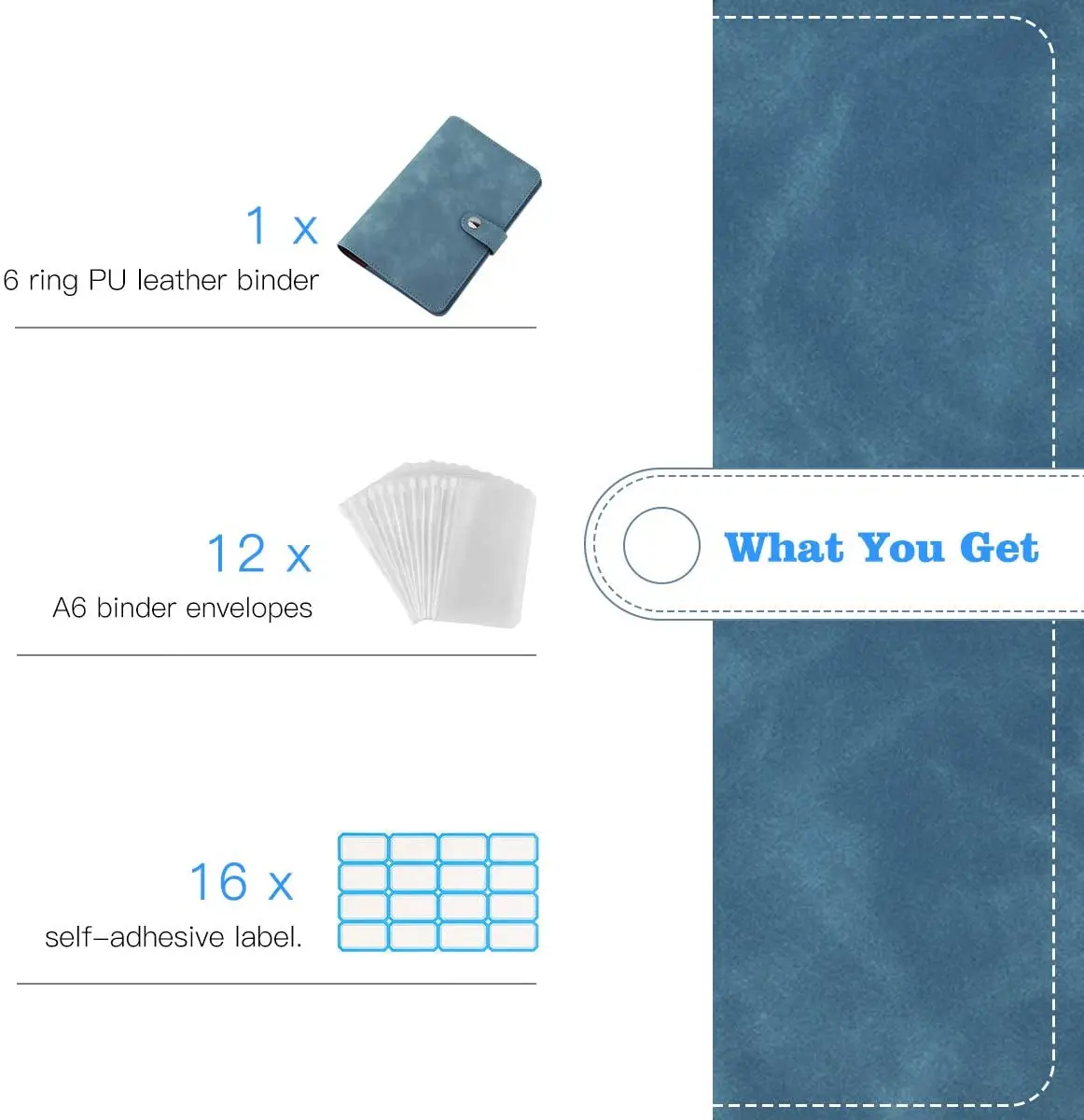 A6 PU Leather Binder Budget Planner Refillable 6 Round Rings Binder Cover Notebook Folder 12 PCS Clear Plastic Envelopes