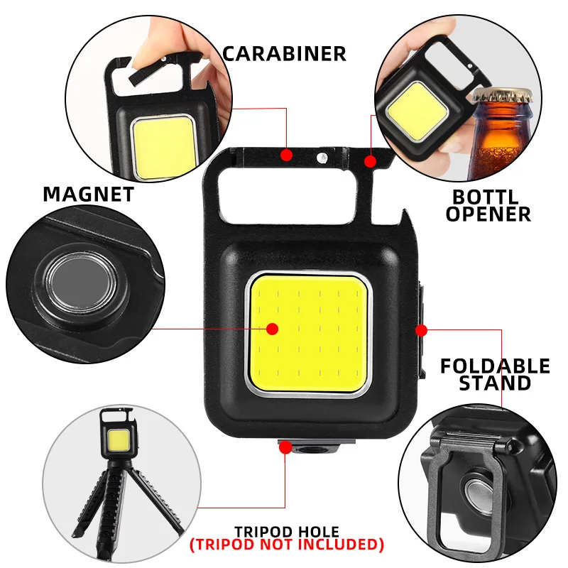 COB LED 미니 손전등 슈퍼 밝은 EDC 키 체인 빛 꼬리 자석 코르크 따개와 야외 비상 캠핑 포켓 램프