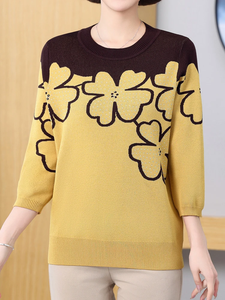 

Свитер женский с принтом, весна 2024, пуловер с рукавом до локтя, женская одежда, Повседневные свитера