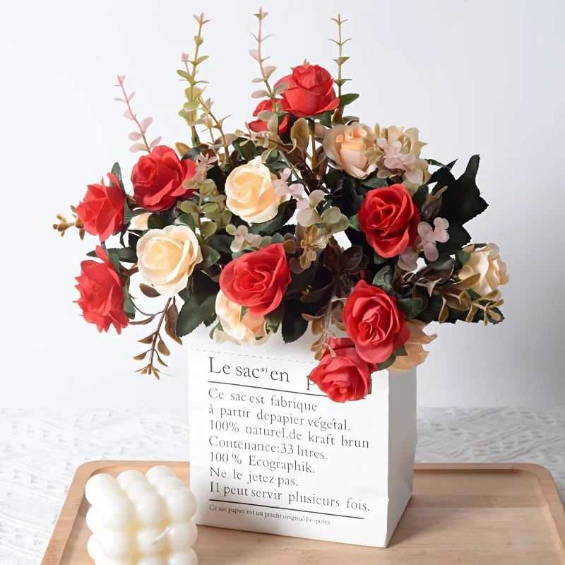 12 künstliche Rosenblüten, zweifarbige Kunstblumen mit Stielen, künstliche Rosensträuße, Dekoration für Zuhause, Hochzeit, Weihnachten, Party