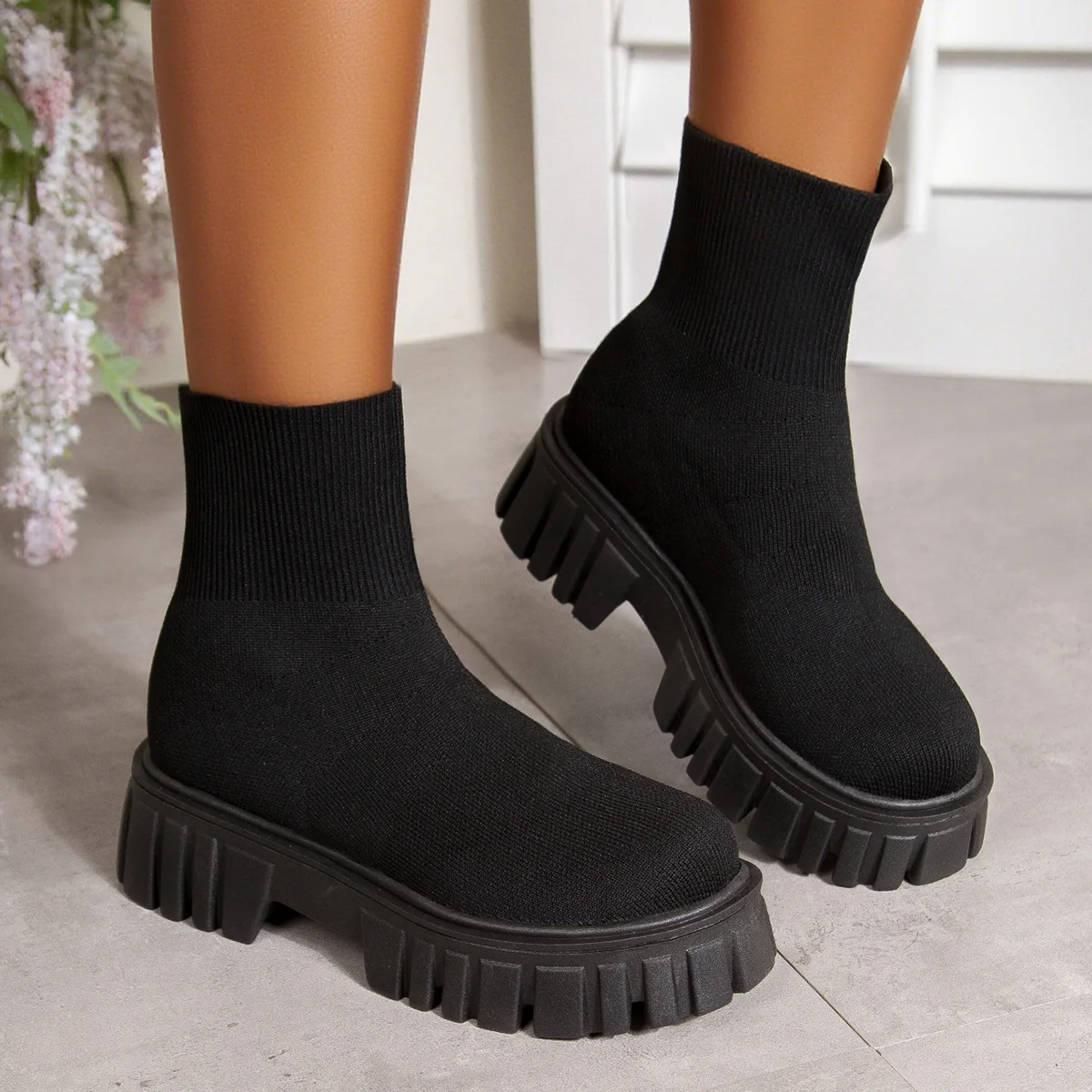 Knit Breathable Ankle Boots Autumn 2025 New Round Toe Sleeve Platform Non-Slip Wear-Resistant Block Heel Booties