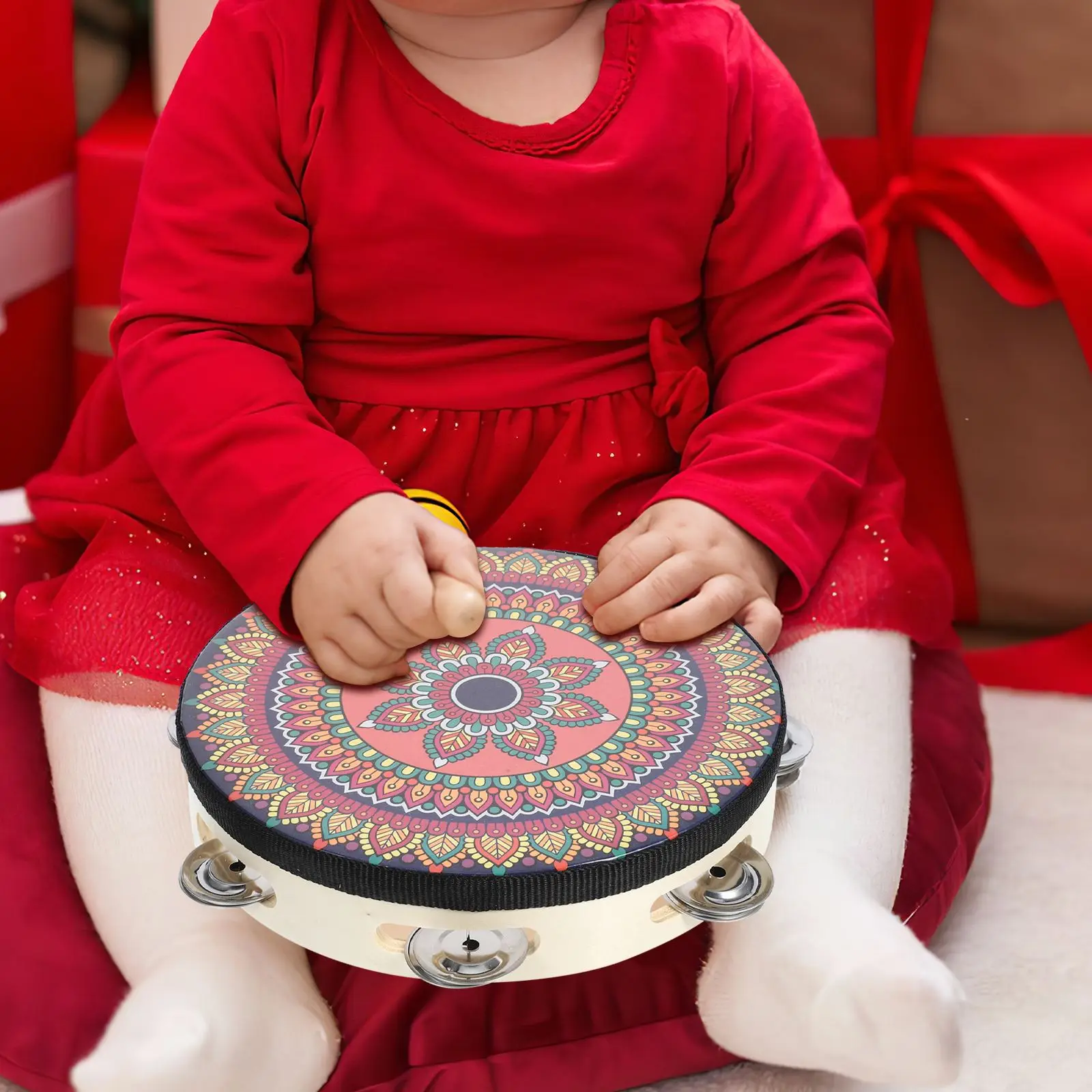 8 Inch Tambourine Handbell Hand Drum Colourful Wooden Tambourine For Dance Concerts Percussion Instrument for Kids Game