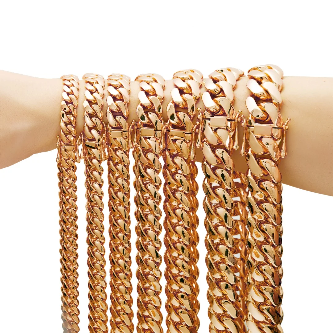 8-22mm Hip Hop Bling Rose Gold Color 316L Stainless Steel Dense Cuban Miami Link Chain Necklaces for Unisex Rapper Jewelry(1PC) - Image 2