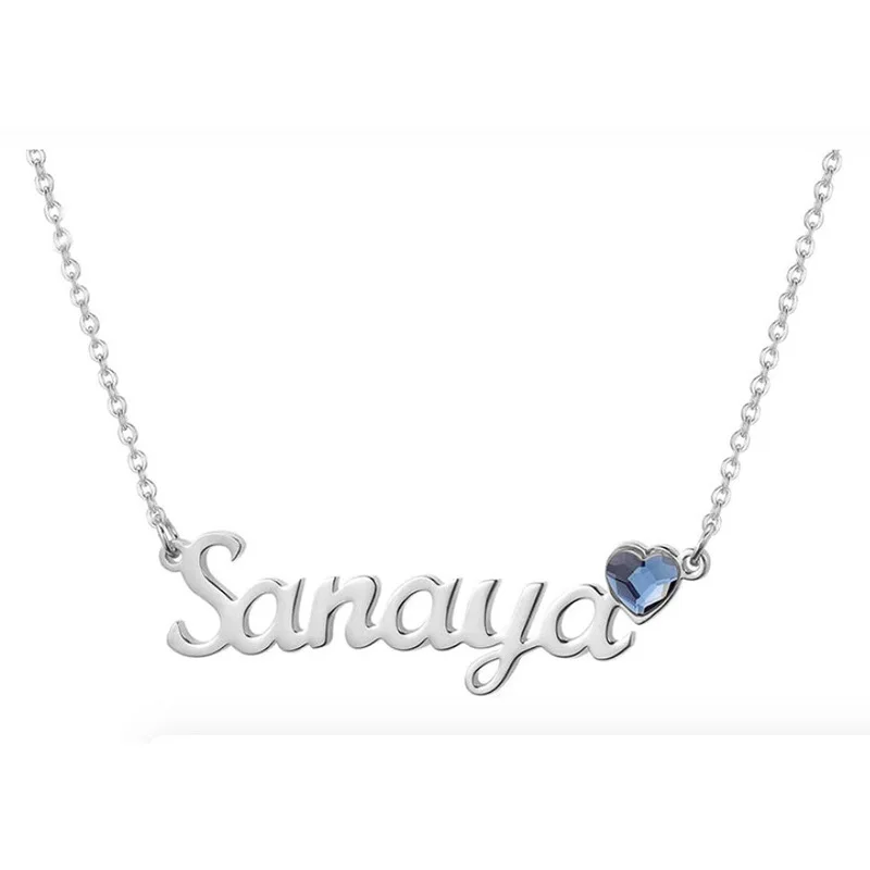 Customized Heart Shape Birthday Stone Name Necklaces For Women Custom Stainless Steel Nameplate Necklace With Heart Zircon Gifts