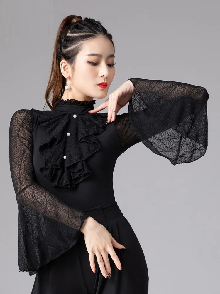 

X137 Latin Dance Top Long Sleeve Modern Dance Shirt Ballroom Dance Waltz National Standard Lotus Leaf Blouse Sleeve Shirt
