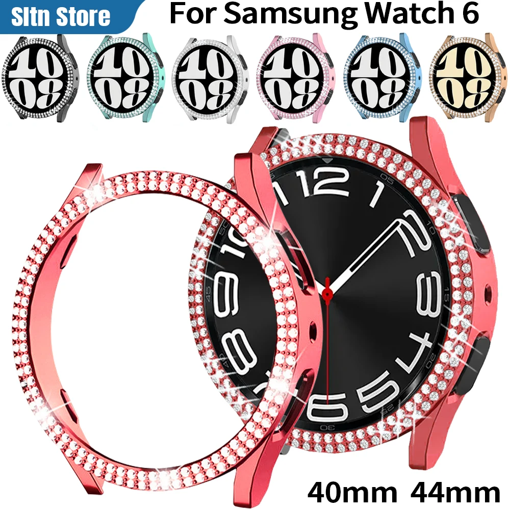 Bling Double Diamond Case for Samsung Galaxy Watch 6 40mm Women PC Hard Hollow Frame Protective Bumper Galaxy Watch 6 44mm Cover