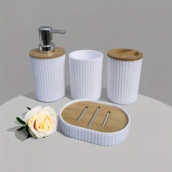 4-Piece Plastic Bathroom Accessories Set with Toothbrush Holder, Mouthwash Cup, Soap Dispenser, and Soap Dish (White round)