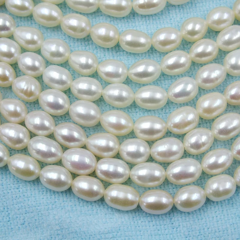 천연 담수 쌀 진주, 느슨한 흰색 진주, 10 주, 7-8mm, AAA + AA, 15 인치 가닥