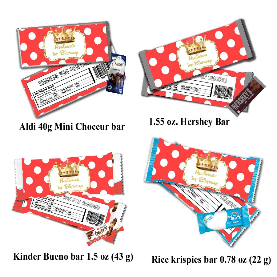Red Polka Dots Crown Hershey Kinder Bueno Mini Choceur Chocolate Bar Etichette Rice Krispies Bar Wrapper Sticker Party Favor Decor