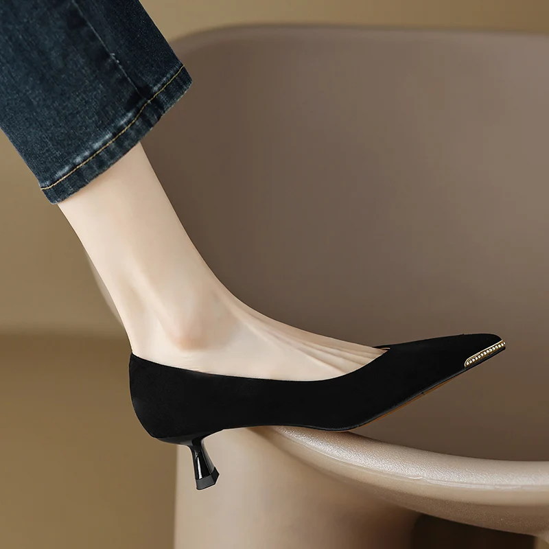 

Spring New Kid Suede Leather Women Shoes Metal Pointed Toe Kitten High Heel Woman Pumps Shallow Loafer Ladies Office Shoes Black