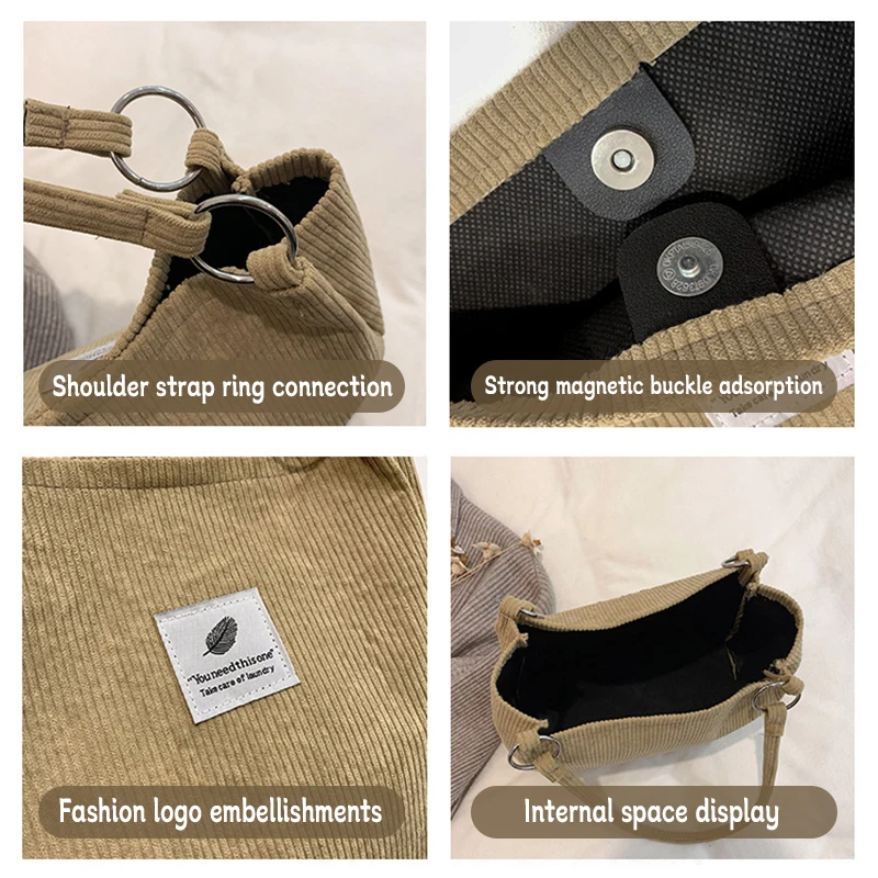 Corduroy Single Shoulder Bag Student Retro Large Capacity Canvas Bag Versatile Commuting Tote Bags Minimalist Handbag Woman