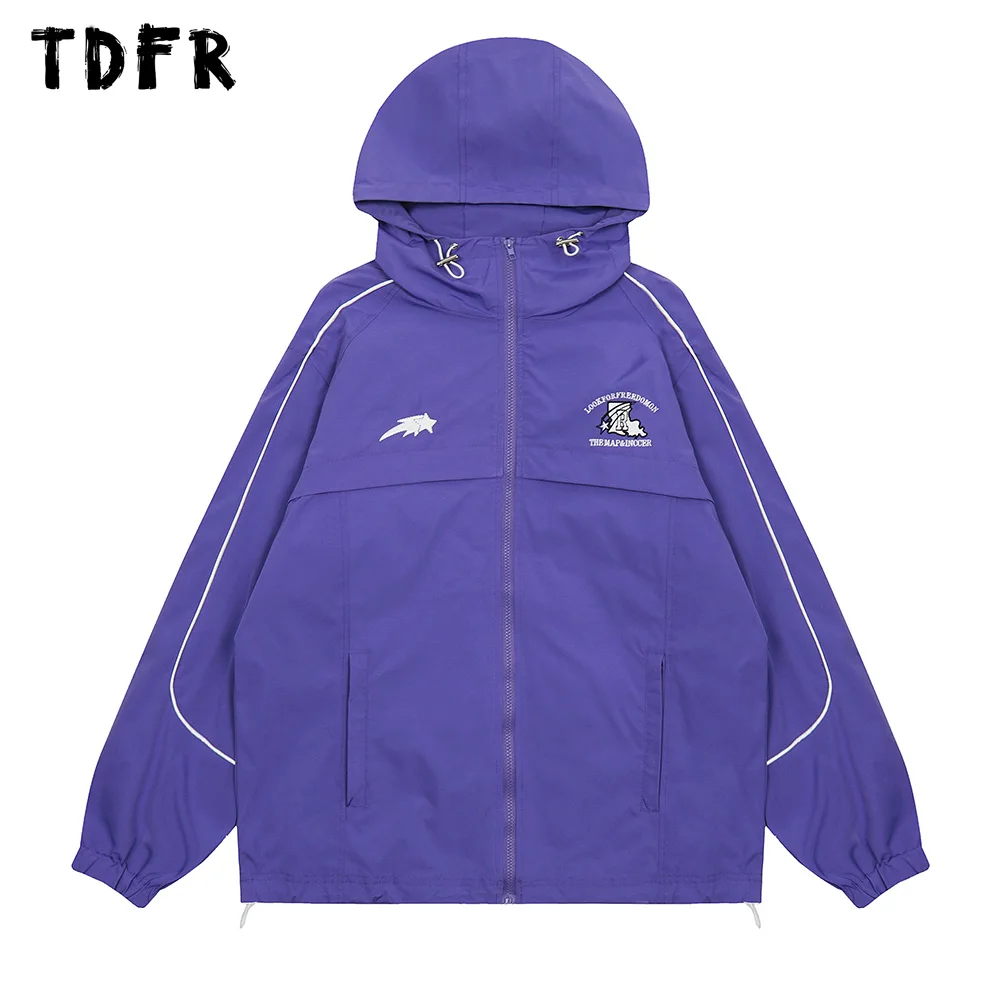 

Letter Embroidery Hooded Windbreaker Mens Safari Style Autumn Casual Loose Drawstring Hem Long Sleeve Zipper Jacket Men
