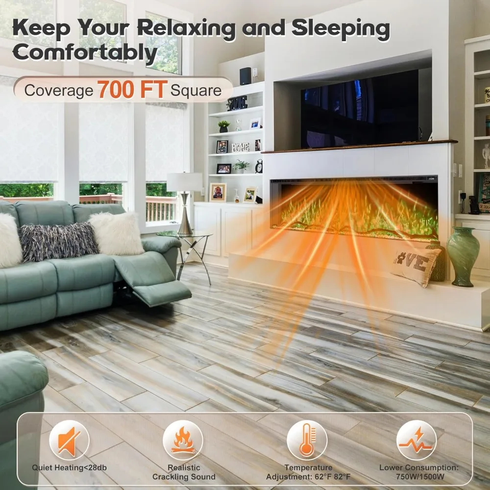 3 Sided Electric Fireplace Inserts, 80 inch Eletric Fire Place Heater, Modern Built in Wall Fireplace with Realistic Led Flame 5