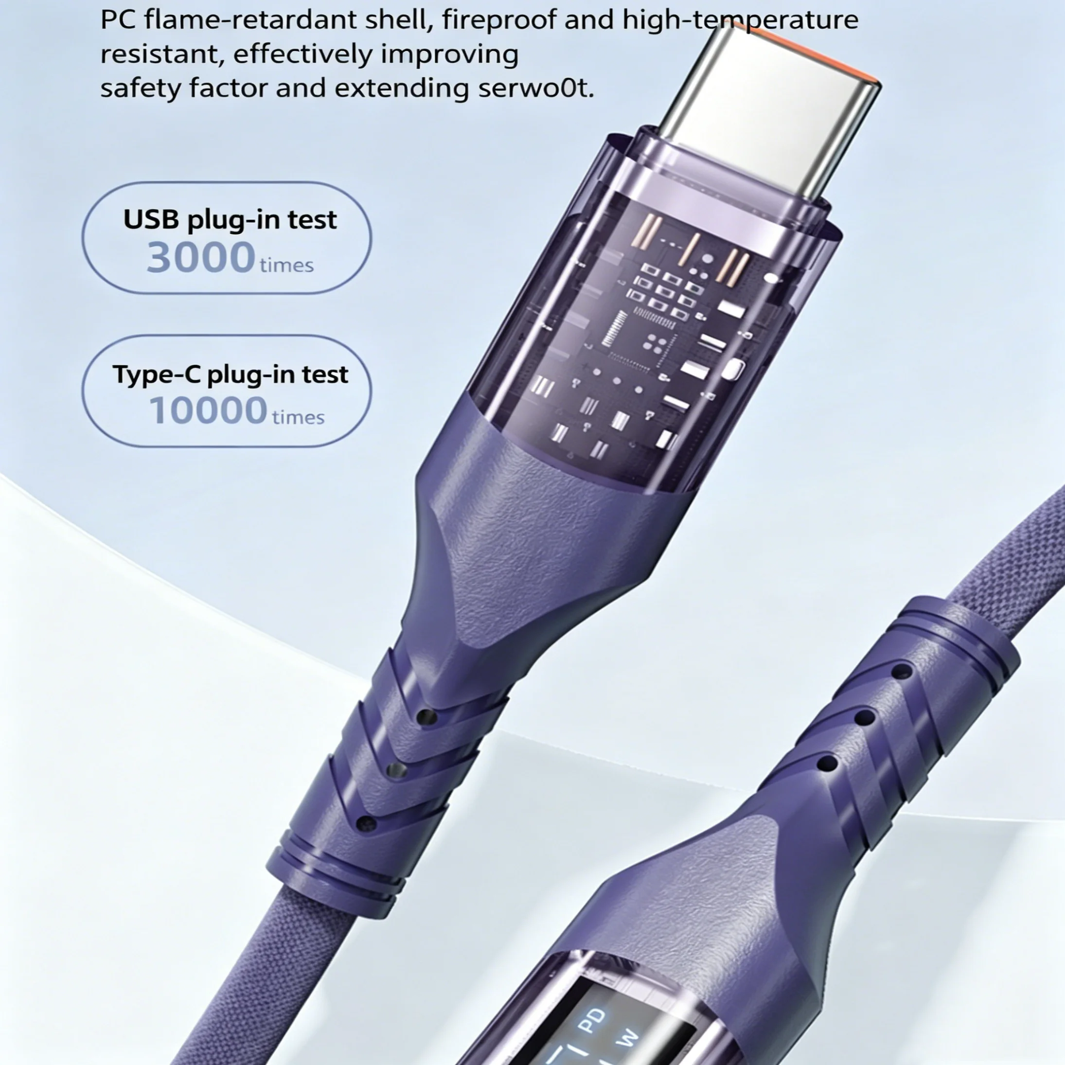 100W 디지털 디스플레이 USB-C to USB-C 고속 충전 케이블 투명 쉘 데이터 코드 1M 1.5M 보라색 타입-C 노트북 스마트폰용