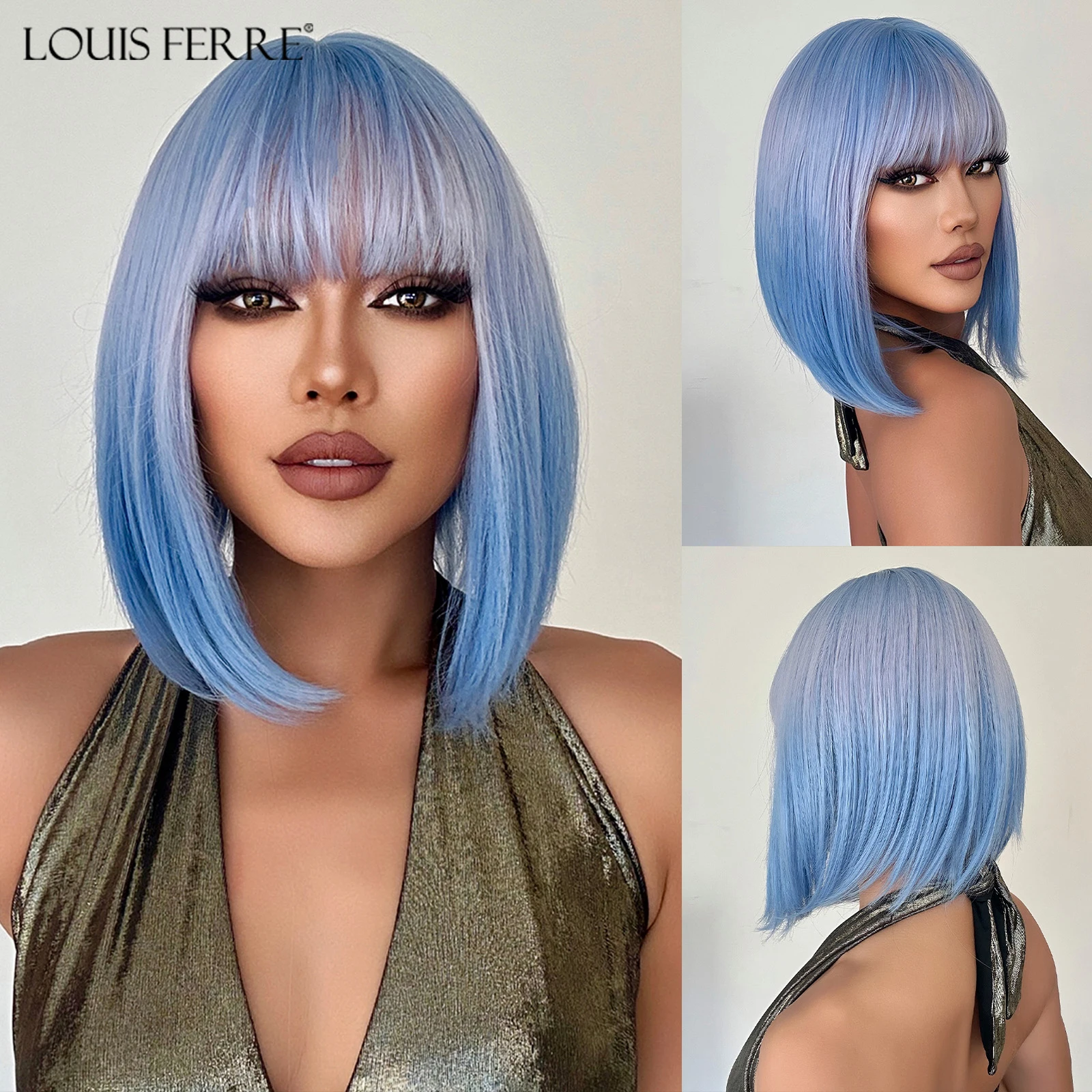 

LOUIS FERRE Short Blue White Ombre Straight Synthetic Hair With Bangs Short Bob Cosplay Wig for Women Daily Party Heat Resistant