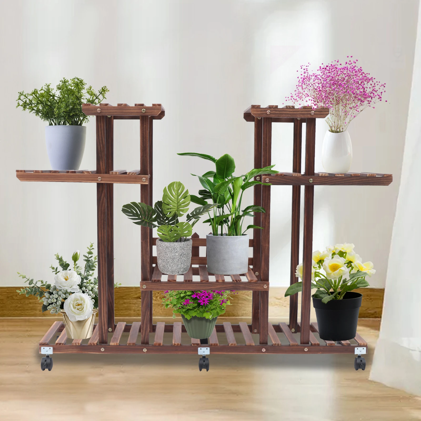 Wooden Tiered Plant Stand 12 Pots Flower Holder Display Rack Indoor Decor with Detachable Wheels For Balcony Patio Living Room