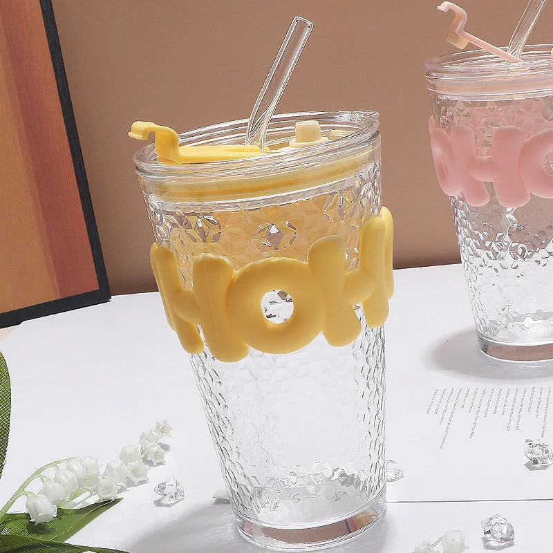 Hammer Double Drink Straw Cup High Beauty Coffee Cup Scald Proof Glass Cold Drink Juice Cup Milk Cup Covered Cup